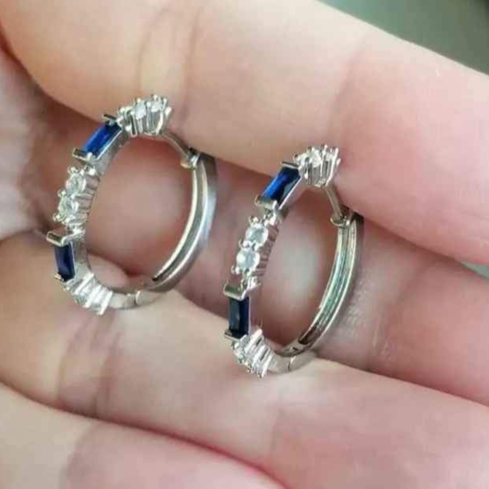 New 925 Silver Blue Sapphire Diamond Hoop Earrings for Women
